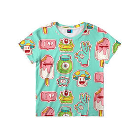 Детская футболка 3D с принтом Яркие монстрики в Курске, 100% гипоаллергенный полиэфир | прямой крой, круглый вырез горловины, длина до линии бедер, чуть спущенное плечо, ткань немного тянется | глаз | монстр | мороженое | мультик | приведение | розовый | ужасы | улыбка | цветная