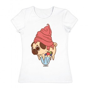 Женская футболка хлопок с принтом мопс-мороженое в Курске, 100% хлопок | прямой крой, круглый вырез горловины, длина до линии бедер, слегка спущенное плечо | 