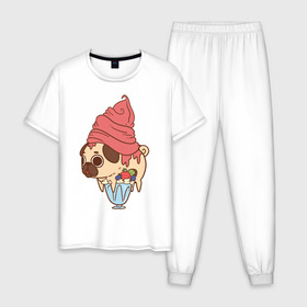 Мужская пижама хлопок с принтом мопс-мороженое в Курске, 100% хлопок | брюки и футболка прямого кроя, без карманов, на брюках мягкая резинка на поясе и по низу штанин
 | Тематика изображения на принте: 