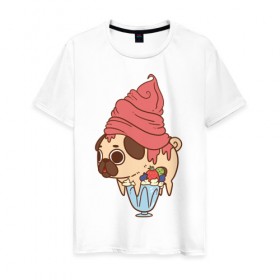Мужская футболка хлопок с принтом мопс-мороженое в Курске, 100% хлопок | прямой крой, круглый вырез горловины, длина до линии бедер, слегка спущенное плечо. | 