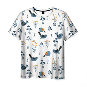 Мужская футболка 3D с принтом Воробушки в Курске, 100% полиэфир | прямой крой, круглый вырез горловины, длина до линии бедер | воробей | зяблик | минимализм | паттерн | птицы | цветы | чиж
