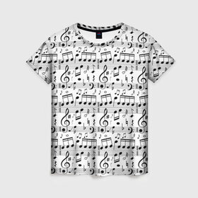 Женская футболка 3D с принтом Нотный стан в Курске, 100% полиэфир ( синтетическое хлопкоподобное полотно) | прямой крой, круглый вырез горловины, длина до линии бедер | бемоль | диез | до | ля | ми | ноты | октава | паттерн | ре | си | скрипичный ключ | соль | фа