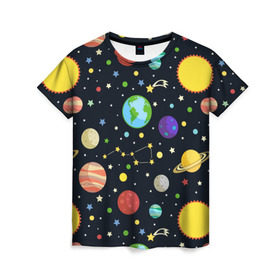 Женская футболка 3D с принтом Солнечная система в Курске, 100% полиэфир ( синтетическое хлопкоподобное полотно) | прямой крой, круглый вырез горловины, длина до линии бедер | большая медведица | венера | звезда | звезды | земля | космос | марс | меркурий | паттерн | сатурн | созвездия | солнце | уран | юпитер