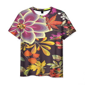 Мужская футболка 3D с принтом Осенние мотивы в Курске, 100% полиэфир | прямой крой, круглый вырез горловины, длина до линии бедер | Тематика изображения на принте: fashion | flower | акварельные цветы | краски | осень | природа | рисованные цветы | розы | цветы