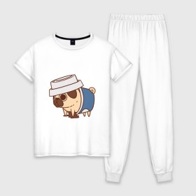 Женская пижама хлопок с принтом мопс-кофе в Курске, 100% хлопок | брюки и футболка прямого кроя, без карманов, на брюках мягкая резинка на поясе и по низу штанин | Тематика изображения на принте: pug | мопс
