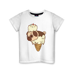 Детская футболка хлопок с принтом мопс-мороженое в Курске, 100% хлопок | круглый вырез горловины, полуприлегающий силуэт, длина до линии бедер | Тематика изображения на принте: pug | мопс