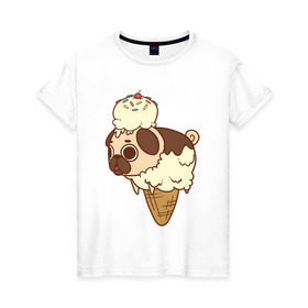 Женская футболка хлопок с принтом мопс-мороженое в Курске, 100% хлопок | прямой крой, круглый вырез горловины, длина до линии бедер, слегка спущенное плечо | pug | мопс