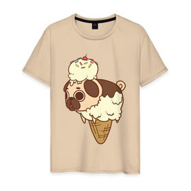 Мужская футболка хлопок с принтом мопс-мороженое в Курске, 100% хлопок | прямой крой, круглый вырез горловины, длина до линии бедер, слегка спущенное плечо. | pug | мопс