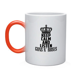 Кружка хамелеон с принтом Keep calm and listen Guns-n-roses в Курске, керамика | меняет цвет при нагревании, емкость 330 мл | guns n roses | gunsnroses | ганз н роус | ганзес роус | ганзесроус | ганзнроус | дафф маккаган | диззи рид | мелисса риз | ричард фортус | рок | слэш | франк феррер | эксл роуз