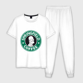 Мужская пижама хлопок с принтом Springfield Coffee в Курске, 100% хлопок | брюки и футболка прямого кроя, без карманов, на брюках мягкая резинка на поясе и по низу штанин
 | homer | simpsons | гомер | лого | спрингфилд | старбакс