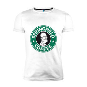 Мужская футболка премиум с принтом Springfield Coffee в Курске, 92% хлопок, 8% лайкра | приталенный силуэт, круглый вырез ворота, длина до линии бедра, короткий рукав | homer | simpsons | гомер | лого | спрингфилд | старбакс