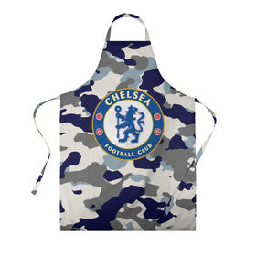 Фартук 3D с принтом FC Chelsea Camouflage в Курске, 100% полиэстер | общий размер — 65 х 85 см, ширина нагрудника — 26 см, горловина — 53 см, длина завязок — 54 см, общий обхват в поясе — 173 см. Принт на завязках и на горловине наносится с двух сторон, на основной части фартука — только с внешней стороны | Тематика изображения на принте: 