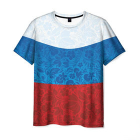 Мужская футболка 3D с принтом Россия хохлома триколор в Курске, 100% полиэфир | прямой крой, круглый вырез горловины, длина до линии бедер | russia | россия | россия триколор | россия хохлома | триколор | флаг рф | хозлома | хохлома