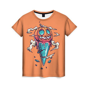 Женская футболка 3D с принтом Тыквенное мороженое в Курске, 100% полиэфир ( синтетическое хлопкоподобное полотно) | прямой крой, круглый вырез горловины, длина до линии бедер | день всех святых | мороженое | морожка | оранжевый | рожок | светильник джека | тыква | хеллоуин | хэллоуин