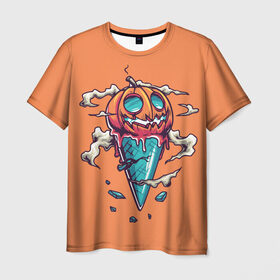 Мужская футболка 3D с принтом Тыквенное мороженое в Курске, 100% полиэфир | прямой крой, круглый вырез горловины, длина до линии бедер | день всех святых | мороженое | морожка | оранжевый | рожок | светильник джека | тыква | хеллоуин | хэллоуин