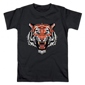 Мужская футболка хлопок с принтом Тигр в Курске, 100% хлопок | прямой крой, круглый вырез горловины, длина до линии бедер, слегка спущенное плечо. | голова | джунгли | животное | зубы | оскал | тигр