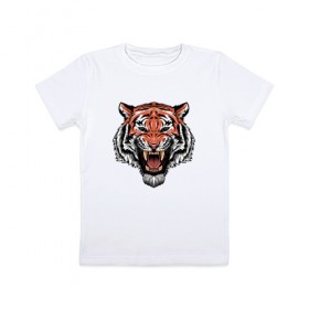 Детская футболка хлопок с принтом Тигр в Курске, 100% хлопок | круглый вырез горловины, полуприлегающий силуэт, длина до линии бедер | голова | джунгли | животное | зубы | оскал | тигр