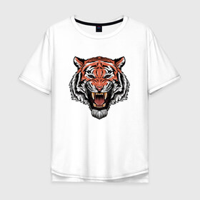 Мужская футболка хлопок Oversize с принтом Тигр в Курске, 100% хлопок | свободный крой, круглый ворот, “спинка” длиннее передней части | голова | джунгли | животное | зубы | оскал | тигр