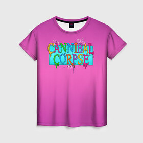 Женская футболка 3D с принтом Cannibal Corpse в Курске, 100% полиэфир ( синтетическое хлопкоподобное полотно) | прямой крой, круглый вырез горловины, длина до линии бедер | band | cannibal corpse | fun | logo | metal | music | rock | группа | детский | метал | музыка | прикол | розовый | рок