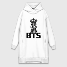 Платье-худи хлопок с принтом Keep calm and listen BTS в Курске,  |  | Тематика изображения на принте: bangtan boys | bts | j hope | jimin | jin | jungkook | k pop | rm | sonyeondan | suga | v | бойз бойс | бойскауты | бтс бенгтан. бангтан | группа | к поп | корейская | пуленепробиваемые | хип хоп