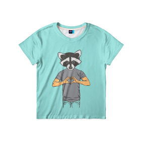 Детская футболка 3D с принтом Енот Хипстер Love в Курске, 100% гипоаллергенный полиэфир | прямой крой, круглый вырез горловины, длина до линии бедер, чуть спущенное плечо, ткань немного тянется | hipster | love | story | енот | животные | любовь | хипстер | человек