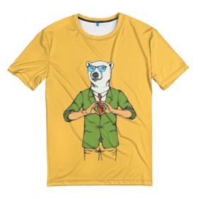 Мужская футболка 3D с принтом Медведь Хипстер Love в Курске, 100% полиэфир | прямой крой, круглый вырез горловины, длина до линии бедер | Тематика изображения на принте: hipster | love | story | животные | любовь | медведь | хипстер | человек