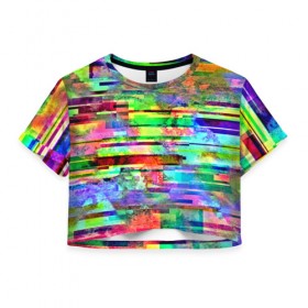 Женская футболка 3D укороченная с принтом Abstraction colorline в Курске, 100% полиэстер | круглая горловина, длина футболки до линии талии, рукава с отворотами | glitch | глитч | глич | разноцветный | яркий