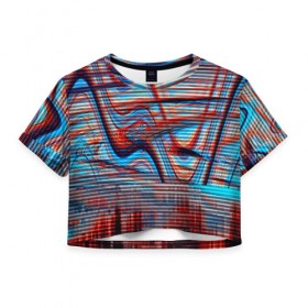 Женская футболка 3D укороченная с принтом Psyhodelic abstraction в Курске, 100% полиэстер | круглая горловина, длина футболки до линии талии, рукава с отворотами | глитч | глич | линии | полосы | разноцветный