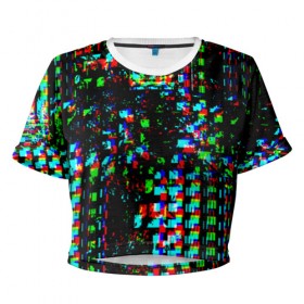 Женская футболка 3D укороченная с принтом Optical abstract в Курске, 100% полиэстер | круглая горловина, длина футболки до линии талии, рукава с отворотами | глитч | глич | линии | полосы | разноцветный