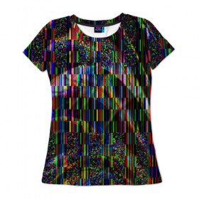 Женская футболка 3D с принтом Цветная иллюзия в Курске, 100% полиэфир ( синтетическое хлопкоподобное полотно) | прямой крой, круглый вырез горловины, длина до линии бедер | глитч | глич | линии | полосы | разноцветный