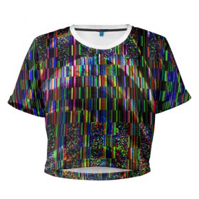 Женская футболка 3D укороченная с принтом Цветная иллюзия в Курске, 100% полиэстер | круглая горловина, длина футболки до линии талии, рукава с отворотами | глитч | глич | линии | полосы | разноцветный