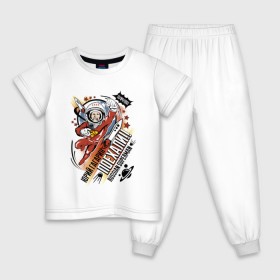 Детская пижама хлопок с принтом Юрий Гагарин в Курске, 100% хлопок |  брюки и футболка прямого кроя, без карманов, на брюках мягкая резинка на поясе и по низу штанин
 | Тематика изображения на принте: 12 апреля | в космосе | день | космонавт | космонавтики | первый | человек
