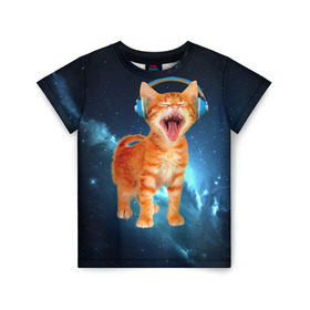 Детская футболка 3D с принтом Котёнок в наушниках в Курске, 100% гипоаллергенный полиэфир | прямой крой, круглый вырез горловины, длина до линии бедер, чуть спущенное плечо, ткань немного тянется | Тематика изображения на принте: кот | кошка | музыка