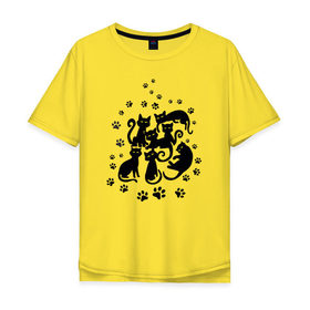 Мужская футболка хлопок Oversize с принтом Чёрные кошки в Курске, 100% хлопок | свободный крой, круглый ворот, “спинка” длиннее передней части | котята | лапки | силуэты | следы