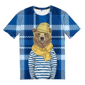 Мужская футболка 3D с принтом Медведь Хипстер в Курске, 100% полиэфир | прямой крой, круглый вырез горловины, длина до линии бедер | Тематика изображения на принте: 