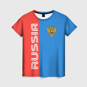 Женская футболка 3D с принтом RUSSIA в Курске, 100% полиэфир ( синтетическое хлопкоподобное полотно) | прямой крой, круглый вырез горловины, длина до линии бедер | russia | герб | орел | патриот | российский | россия | русский | символика | триколор