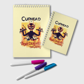 Блокнот с принтом Cuphead в Курске, 100% бумага | 48 листов, плотность листов — 60 г/м2, плотность картонной обложки — 250 г/м2. Листы скреплены удобной пружинной спиралью. Цвет линий — светло-серый
 | cuphead | капхед | компьтерная игра