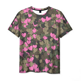 Мужская футболка 3D с принтом Какмуфляж с сердечками в Курске, 100% полиэфир | прямой крой, круглый вырез горловины, длина до линии бедер | Тематика изображения на принте: 14 февраля | день святого валентина | камуфляж | любовь | милитари | паттерн | розовый | сердечко | сердце | хаки