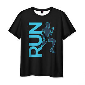 Мужская футболка 3D с принтом RUN в Курске, 100% полиэфир | прямой крой, круглый вырез горловины, длина до линии бедер | бег | зал | здоровья | сила | синий | спорт | темный | человек