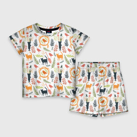 Детский костюм с шортами 3D с принтом О кошках и птичках в Курске,  |  | Тематика изображения на принте: ваза | кот | кошка | листочки | паттерн | птица | птичка | узор | ягоды