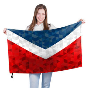 Флаг 3D с принтом Форма России в Курске, 100% полиэстер | плотность ткани — 95 г/м2, размер — 67 х 109 см. Принт наносится с одной стороны | russia | геометрия | полигоны | россия | спорт | спортивная форма | треугольники | триколор | углы