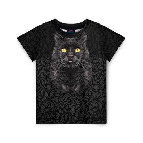 Детская футболка 3D с принтом Чёрный котик в Курске, 100% гипоаллергенный полиэфир | прямой крой, круглый вырез горловины, длина до линии бедер, чуть спущенное плечо, ткань немного тянется | Тематика изображения на принте: кошка | чёрная