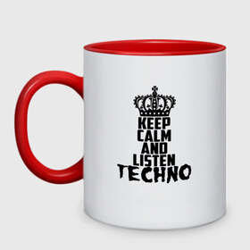 Кружка двухцветная с принтом Keep calm and listen Techno в Курске, керамика | объем — 330 мл, диаметр — 80 мм. Цветная ручка и кайма сверху, в некоторых цветах — вся внутренняя часть | ebm | edm | hi nrg | techno | габбер | даб | детройт | дип | индастриал | италиан | минимал | музыка | синтипоп | тек хаус | техно | фанк | хард | чикаго хаус | шранц | эйсид | электро | электронная