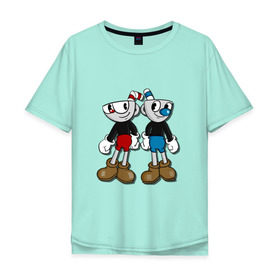 Мужская футболка хлопок Oversize с принтом Cuphead/Mugman в Курске, 100% хлопок | свободный крой, круглый ворот, “спинка” длиннее передней части | капхед | капхэд | магмен | магмэн | мугмен