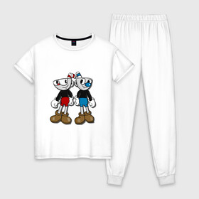 Женская пижама хлопок с принтом Cuphead Mugman в Курске, 100% хлопок | брюки и футболка прямого кроя, без карманов, на брюках мягкая резинка на поясе и по низу штанин | капхед | капхэд | магмен | магмэн | мугмен
