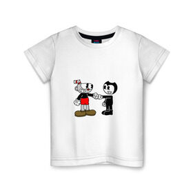 Детская футболка хлопок с принтом Cuphead/Bendy в Курске, 100% хлопок | круглый вырез горловины, полуприлегающий силуэт, длина до линии бедер | Тематика изображения на принте: бенди | бэнди | капхед | капхэд