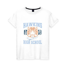Женская футболка хлопок с принтом Stranger Things Hawkins в Курске, 100% хлопок | прямой крой, круглый вырез горловины, длина до линии бедер, слегка спущенное плечо | hawkins | stranger things | очень странные дела