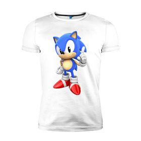 Мужская футболка премиум с принтом Classic Sonic в Курске, 92% хлопок, 8% лайкра | приталенный силуэт, круглый вырез ворота, длина до линии бедра, короткий рукав | 16 бит | sega | sonic | классический соник
