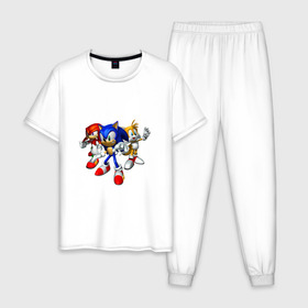 Мужская пижама хлопок с принтом Sonic, Tails & Knuckles в Курске, 100% хлопок | брюки и футболка прямого кроя, без карманов, на брюках мягкая резинка на поясе и по низу штанин
 | Тематика изображения на принте: наклз | наклс | соник | тейлз | тейлс