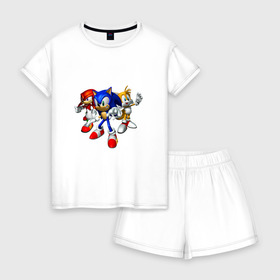 Женская пижама с шортиками хлопок с принтом Sonic Tails & Knuckles в Курске, 100% хлопок | футболка прямого кроя, шорты свободные с широкой мягкой резинкой | наклз | наклс | соник | тейлз | тейлс